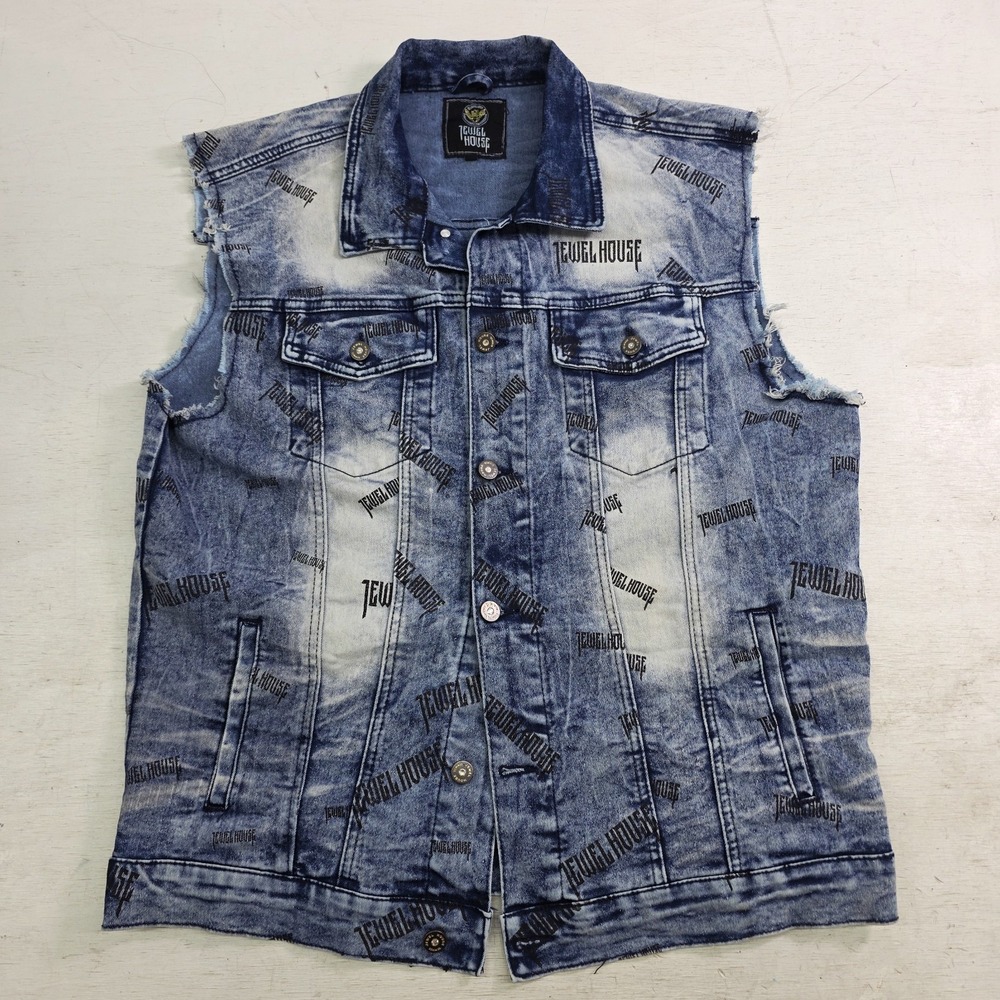 Jewel House AOP Logo Jean Jacket Distressed Wash Denim Button Vest Men's XL - Picture 1 of 10
